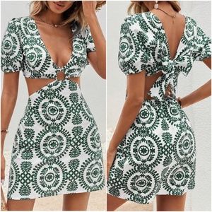 Boho Floral Print Back Tie Cut out Mini Dress